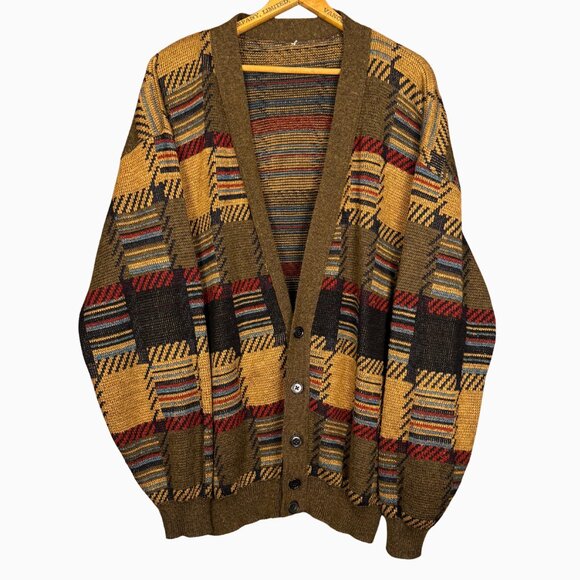 Vintage Grandpa Cardigan XL Retro Earth Tone Knit Sweater Acrylic - Picture 1 of 7